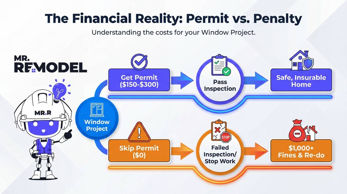 An infographic illustrating the financial consequences of skipping a window permit, contrasting a small permit fee with the high costs of fines and re-installation.
